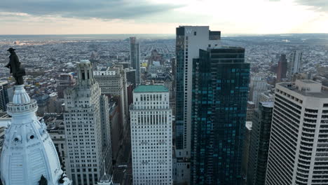 Aerial-truck-shot-of-City-Hall-and-skyscrapers-in-Philadelphia