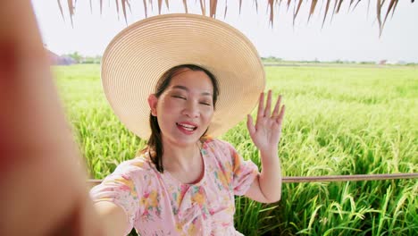 Erwachsene-Frau,-Die-Einen-Videoanruf-Macht,-Der-Ein-Großes-Reisproduktionsfeld-Zeigt
