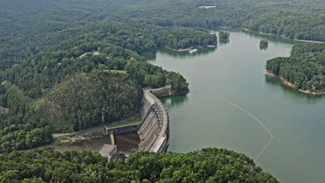 Allatoona-Dam-Georgia-Aerial-v2-breathtaking-birds-eye-view-of-water-reservoir,-concrete-gravity-dam-and-power-plant-station-surrounded-by-beautiful-natural-landscape---August-2021