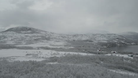Paisaje-Invernal-Con-Densos-Bosques-Y-Montañas-En-El-Campo-Del-Norte-De-Noruega