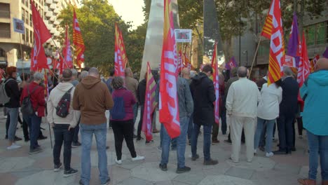 Crowd-Of-Laborers-With-CGIL-Flags-During-Italian-General-Confederation-Of-Labour-Protest-In-Zaragoza,-Spain