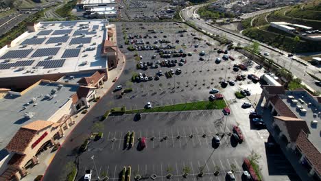 Aerial-Drone-Over-Santa-Clarita-Shopping-Center-Parking-Lot-And-Buildings
