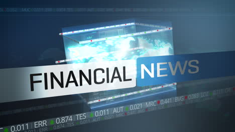 Financial-news-opener-intro-screen-with-text-overlay,-ticker-with-live-stock-market-price-developments-and-world-map