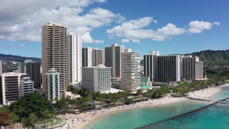 Aerial-rising-and-panning-wide-shot-of-picturesque-Waikiki-Beach-on-the-island-of-O'ahu,-Hawaii