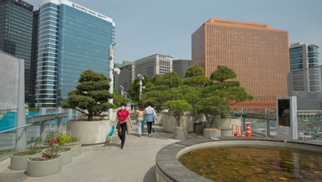 Fountain-pool-and-sculpted-and-manicured-bonsai-trees-adorn-the-Seoullo-7017-sky-park-walkway-above-Seoul's-city-streets