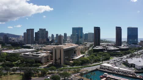 Wide-panning-aerial-shot-of-downtown-Honolulu-in-Hawaii