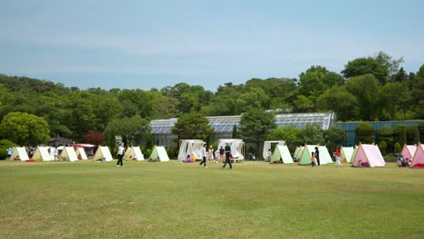 Korean-People-Relaxing-inside-colorful-tents-on-a-lawn-at-Cheong-Wa-Dae,-Seoul-on-sunny-day