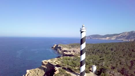 Punta-Moscarter-lighthouse-in-Portinatx,-Ibiza,-Spain