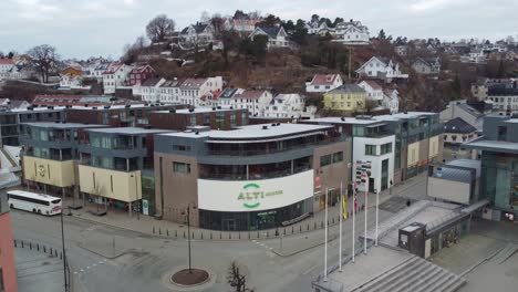 Alti-shopping-centre-in-Vesterveien-street-in-Arendal-Norway---Aerial-showing-logo-and-main-entrance