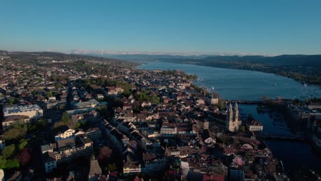 Astonishing-aerial-drone-panorama-cityscape-view-of-Zurich,-Switzerland,-day