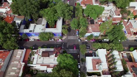 Aerial-Birds-Eye-View-Over-Frida-Kahlo-Museum-In-Mexico-City