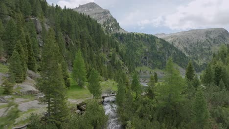Ascending-aerial-backwards-shot-of-scenic-mountain-landscape-in-Italy-with-pine-trees-and-crashing-waterfall-during-summer