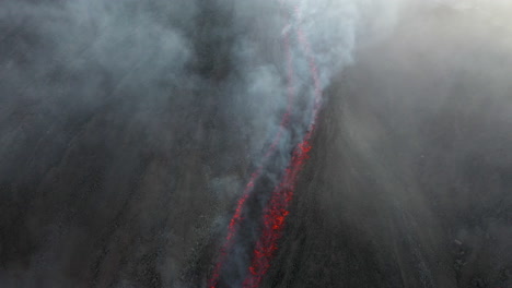 Epic-downward-angle-lava-or-magma-drone-shot-with-smoke-and-steam-rising,-active-volcano-Mount-Etna-Sicily-Italy