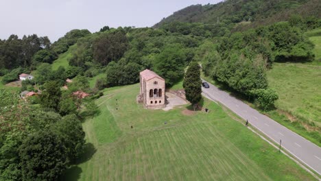 Santa-Maria-del-Naranco-old-ancient-church-standing-on-Asturias-nature,-Spain