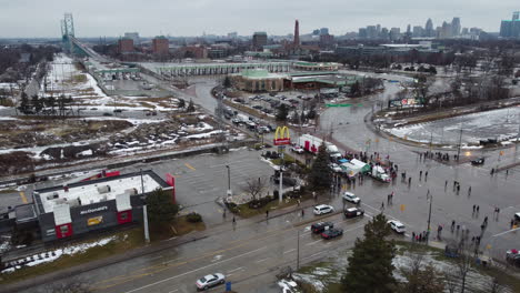 aerial-drone-view-of-truckers-in-freedom-convoy-in-Windsor,-canada-on-February-11,-2022