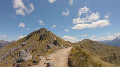 POV,-walking-exposed-mountain-ridge,-Fiordland,-Kepler-Track-New-Zealand