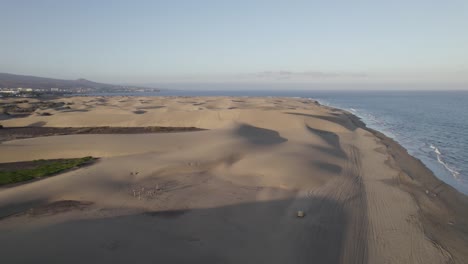 Aerial-view-of-sand-dunes-along-the-Atlantic-Ocean-on-the-Canary-Islands,-Maspalomas-Dunes