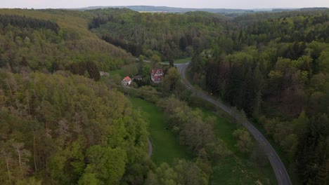 wide-drone-view-over-the-valleys-and-mountains-of-the-German-Hesse-region-in-the-western-central-part-of-Germany