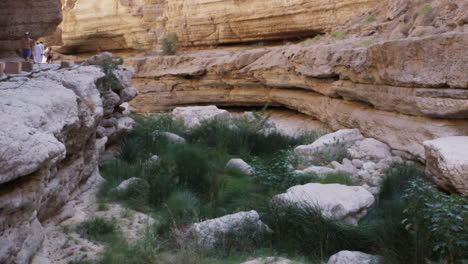 Hikers-going-to-and-coming-from-the-pools-of-Wadi-Shab-canyon,-Oman,-wide-shot