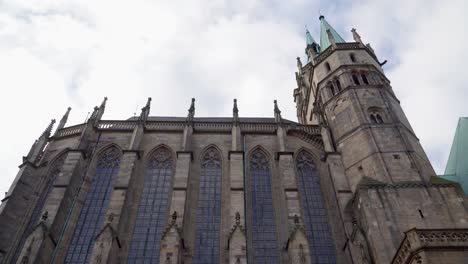 Looking-Up-to-Historic-Facade-of-Erfurt-Cathedral-with-Huge-Windows