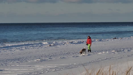 A-woman-and-a-dog-walked-by-the-sea