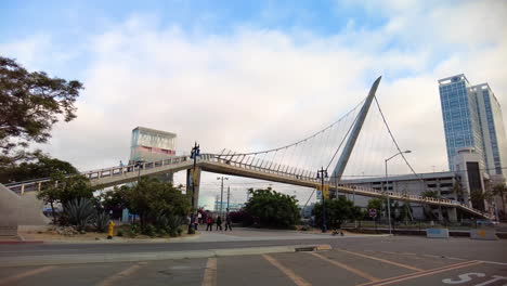 Eyecatching-Structure-Of-Harbor-Drive-Pedestrian-Bridge-At-Park-Boulevard-In-Downtown-San-Diego-With-60-Degree-Angle-Tall-Pylon-Set-Into-The-Ground
