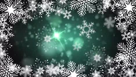 Wunderschöne-Schneeflocken,-Die-Auf-Einem-Grünen-Hintergrund-Mit-Blendenfleck-Bokeh-Rotieren
