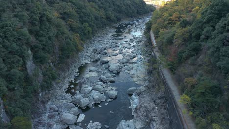 Aerial-view-of-Fukuchiyama-Abandoned-Railway-Hike,-Early-Morning-in-Autumn