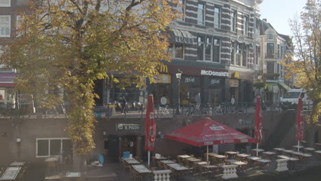 Panning-past-Restaurants-in-Utrecht-city-center-in-the-Netherlands