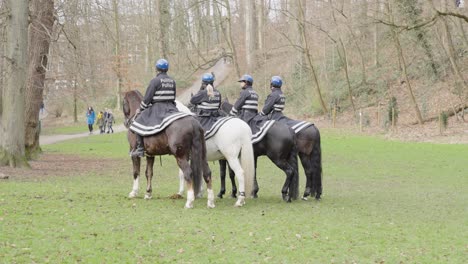 Horse-mounted-police-officers-on-standby-in-the-park-during-soccer-game---Dudenpark-in-Vorst,-Belgium