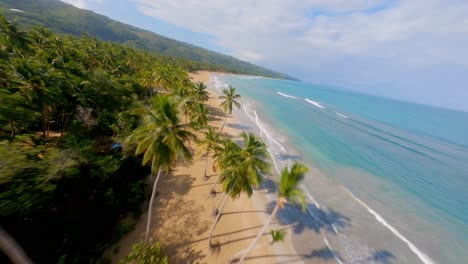 Fpv-flight-along-tropical-empty-sandy-beach-and-palm-trees-of-Coson-during-sunny-day-on-Dominican-Republic-Island