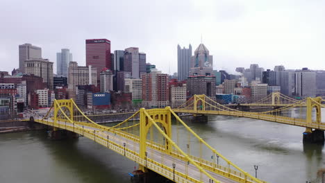 Drone-pan-shot-of-downtown-Pittsburgh-looking-across-the-Monongahela-River-with-the-Roberto-Clemente-Bridge-in-the-foreground