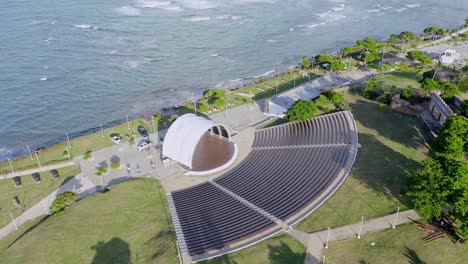 Aerial-drone-view-of-new-amphitheater-seafront,-Puntilla-of-Malecon-at-Puerto-Plata