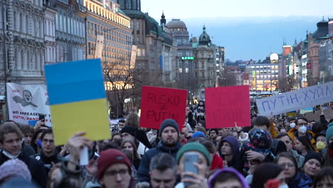 Protest-Against-War-in-Ukraine,-Crowd-With-Signs-and-Messages-Against-Putin-and-Russian-Invasion,-Wenceslas-Square,-Prague,-Czech-Republic