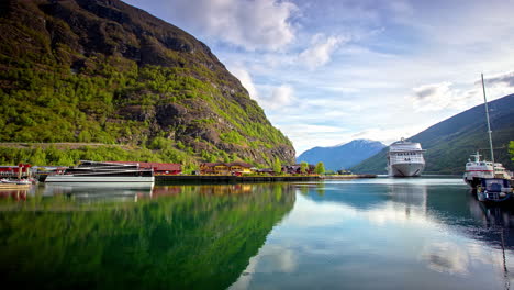 Flam,-Norway:-Fast-moving-video-of-a-msc-cruise-ship-docking-at-Flam-Cruise-Port-in-Norway