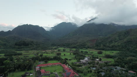 Aerial-of-Kauai,-Hawaii-mountains-on-cloudy-day