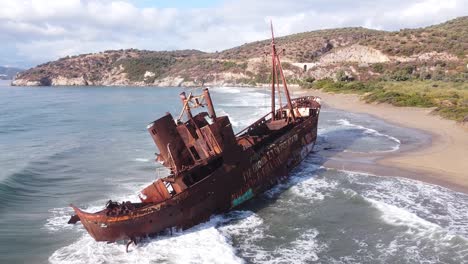 Shipwreck-Dimitrios-at-Valtaki-Beach,-Peloponnese,-Greece---Static-Shot