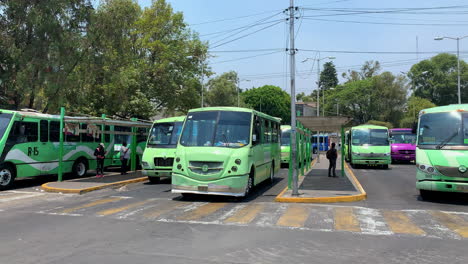 Fila-Del-Tradicional-Autobús-De-Transporte-Público-Verde-Mexicano-La-Buseta-En-La-Estación-De-Autobuses-De-La-Ciudad-De-México