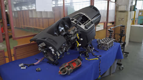 An-Unrepaired-Car-Interior-On-Display-In-Vocational-High-School-Of-Kysucké-Nové-Mesto,-Slovakia