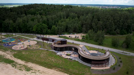 Popular-Wieliczka-Salt-Mine-Graduation-Tower-In-Lidzbark-Warmiński-Town,-Poland-With-View-Of-A-Recreational-Park
