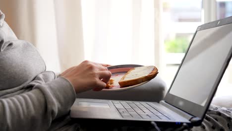 Woman-picking-up-a-plate-with-a-cheese-toast-while-working-from-home-on-her-laptop