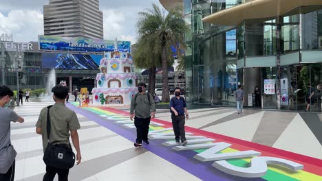 Love-wins-,-decorations-for-Pride-month-outside-Siam-Paragon,-Bangkok