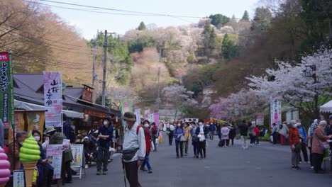 Sakura-Floreciendo-En-La-Montaña-Yoshino,-Turistas-Japoneses-Disfrutando-De-La-Primavera