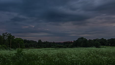 A-dusk-to-nighttime-cloudscape-over-a-field-of-wildflowers-and-a-forest---dramatic-time-lapse