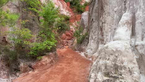 Caminar-Por-El-Fondo-Arenoso-Del-Cañón-En-Providence-Canyon-State-Park-Lumpkin-Georgia,-Admirar-Las-Formaciones-Y-Las-Vistas-A-Lo-Largo-Del-Camino