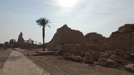 Tourists-walking-by-palm-tree-at-the-ruins-of-Karnak-Temple,-Luxor,-Egypt