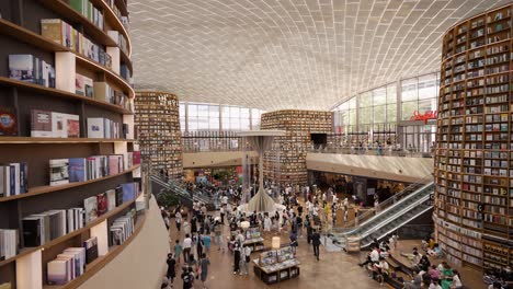 Korean-People-in-masks-travel-in-futuristic-Starfield-Library-Bookstore-in-Seoul