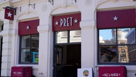 Farringdon-London-United-Kingdom-July-2022-pan-up-shot-of-Pret-A-Manger-cafe-chain-store