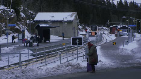 Voksenkollen-train-station,-Oslo-city-train,-vinterpark-Winter-park-with-school-children-and-pedestrians