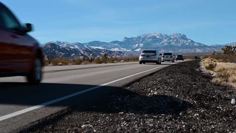 Cars-driving-up-mountain-road-to-Lee-Canyon-Recreation-Area